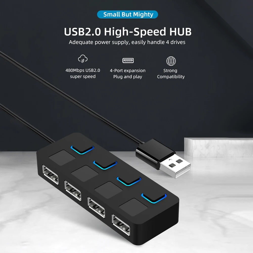 USB 2.0 Hub - 4-Poorts Splitter met LED Indicator en Schakelaar