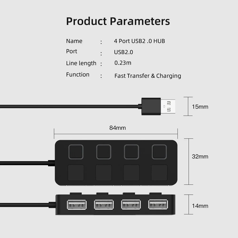 USB 2.0 Hub - 4-Poorts Splitter met LED Indicator en Schakelaar